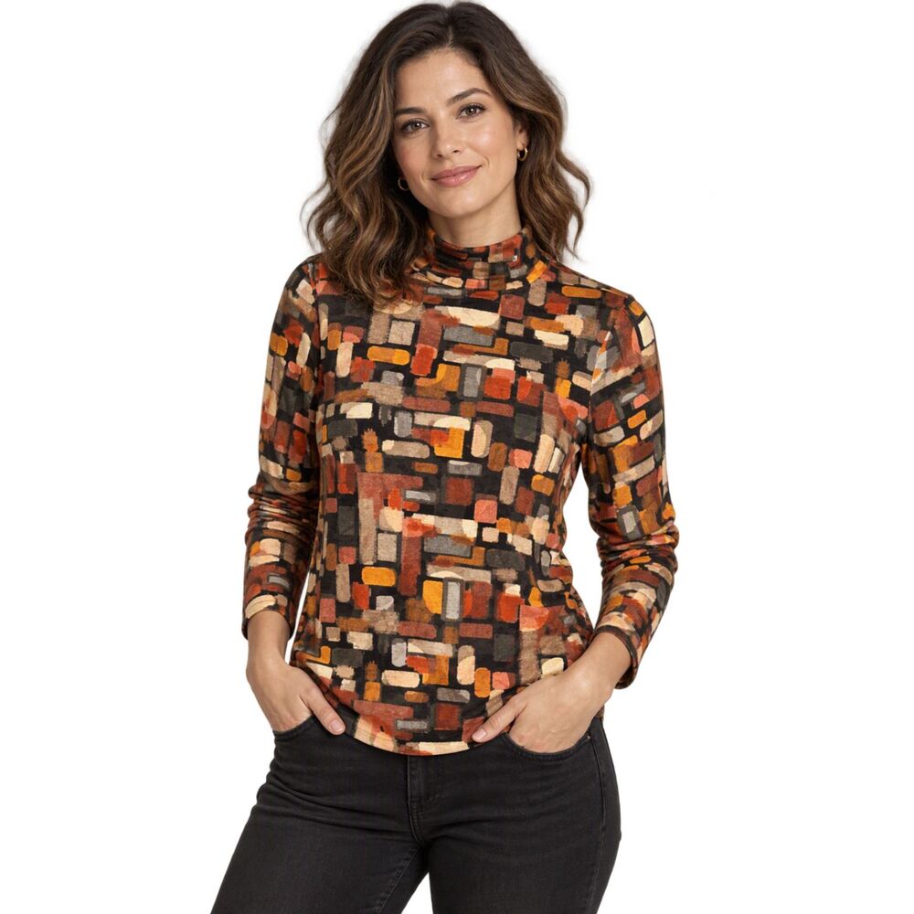 Eva Franco Abstract Print Mock Neck Top Size 6 Retro Geometric Blouse